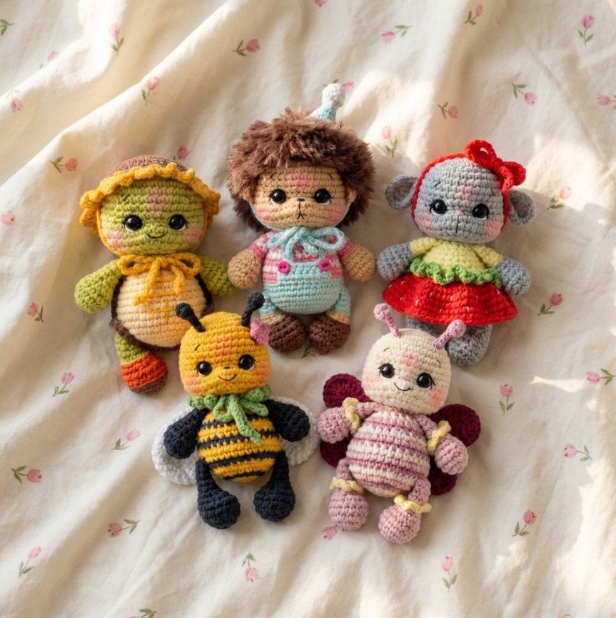 5-in-1 Summer Amigurumi Crochet Pattern 🐢🐝🦔🦋🐭 Cute Animal Bundle PDF