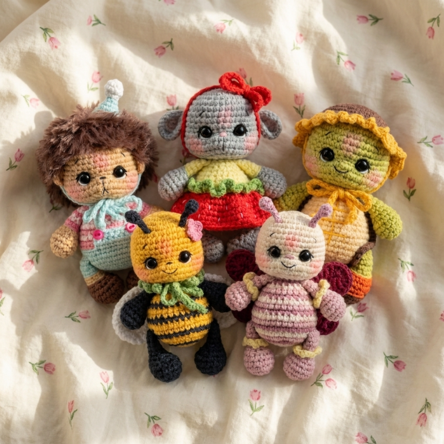 5-in-1 Summer Amigurumi Crochet Pattern 🐢🐝🦔🦋🐭 Cute Animal Bundle PDF