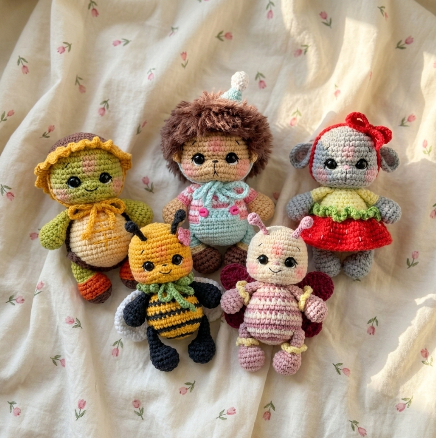 5-in-1 Summer Amigurumi Crochet Pattern 🐢🐝🦔🦋🐭 Cute Animal Bundle PDF
